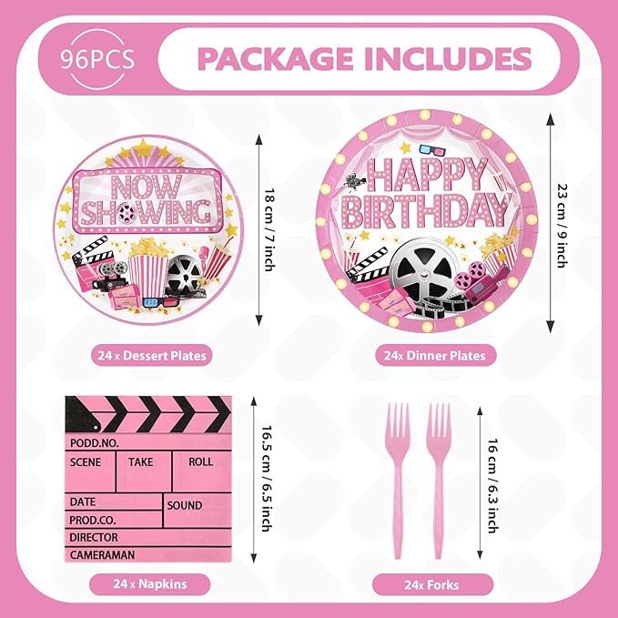 96Pcs Movie Night Party Decorations Pink Movie Plates and Napkins