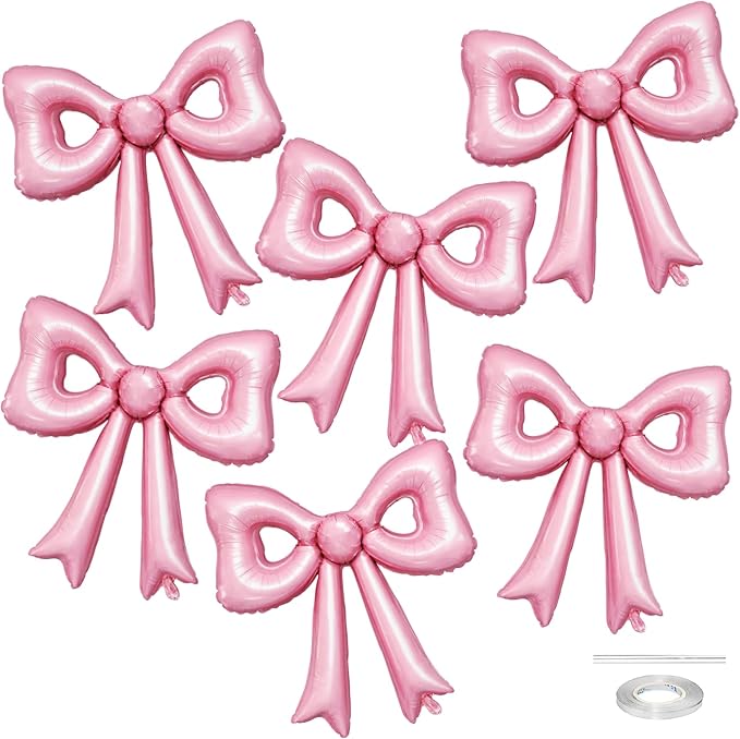 6 Pcs Pearl Pink Bow Balloons, 30 Inch Bow Foil Balloon, Pink Cutout