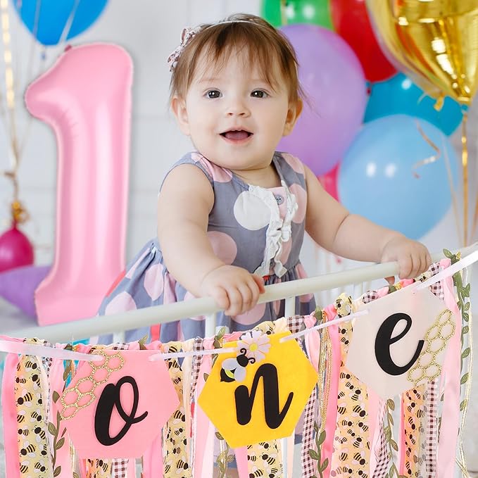 Bee Theme Highchair Banner for Baby First Birthday Party Decorations