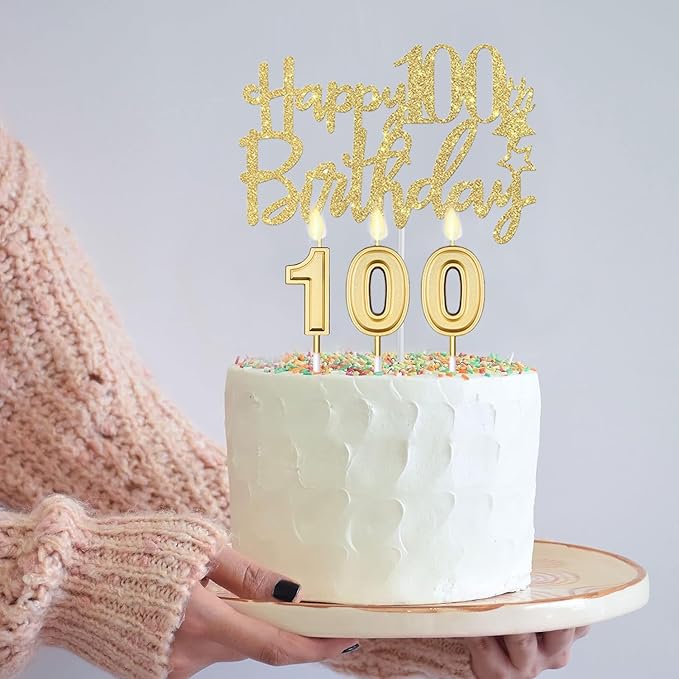 100th Birthday Decorations Women Gold with Crown and Sash Candles