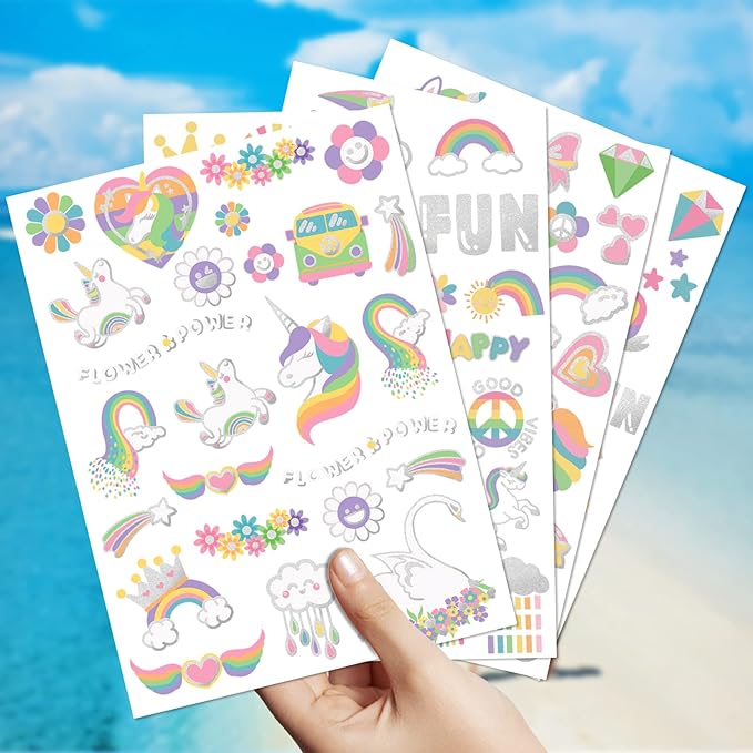 Temporary Tattoo for Kids Unicorn Rainbow Flower Cute-118 Glitter