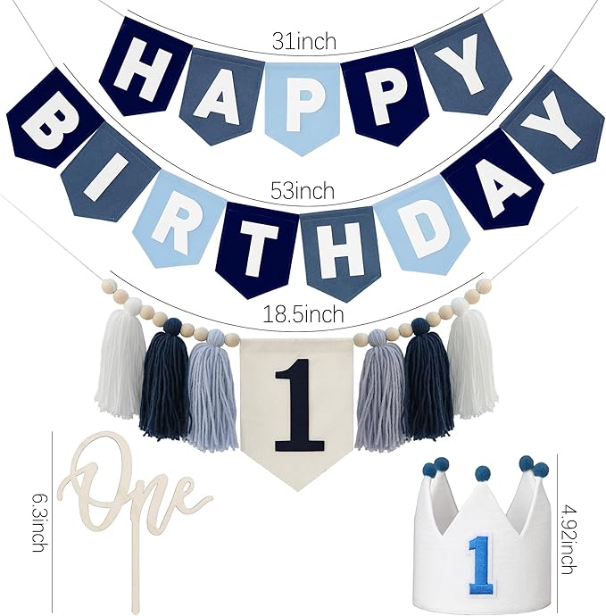 Felt Navy Blue Happy Birthday High Chair Banner Pre-Strung Birthday