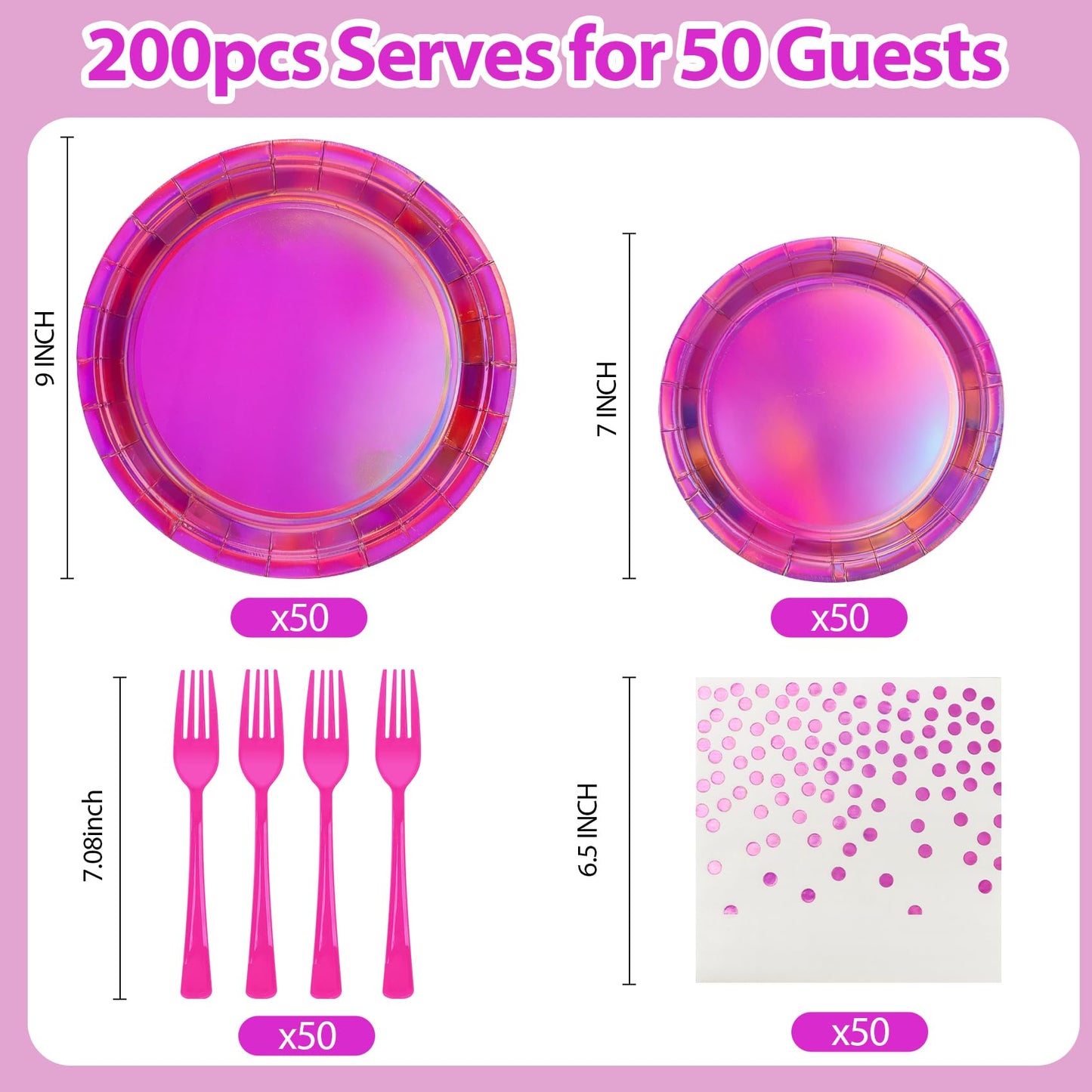 Iridescent Pink Paper Plates and Napkins, 200pcs Holographic Party