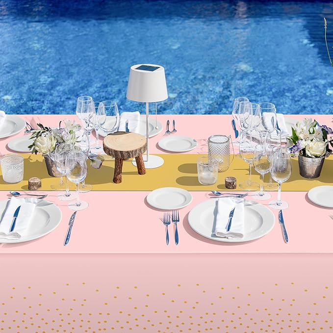 8Pack Disposable Plastic Tablecloths and Satin Table Runner Set Pink