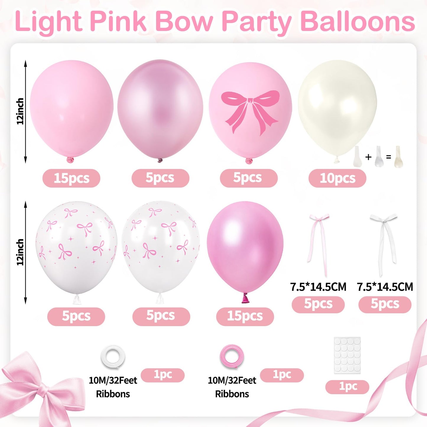 Pink Bow Balloons, 60PCS Double Stuffed Pearl White Light Pink