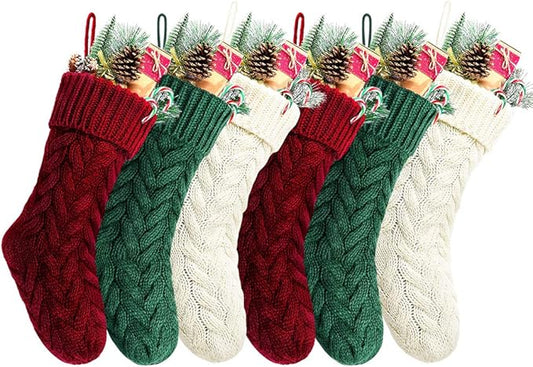 Christmas Stockings, 20 Inch Burgundy, Ivory, Green Cable Knit