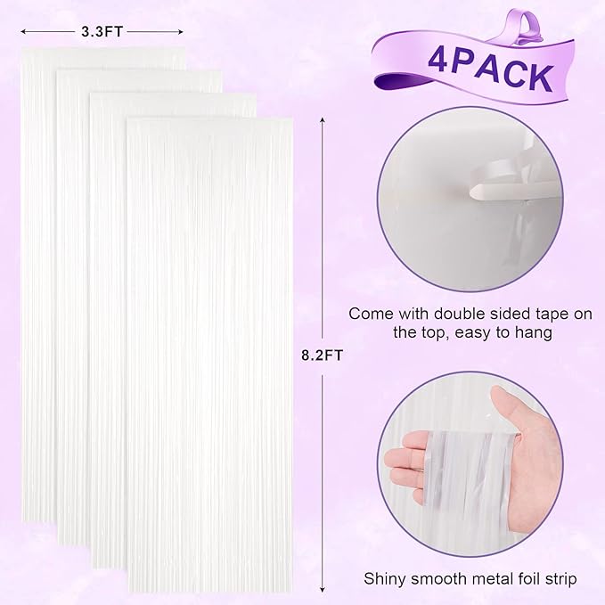 Voircoloria 4 Pack White Foil Fringe Backdrop Curtains, Tinsel