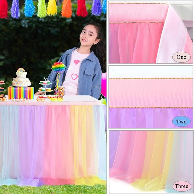 Rainbow Table Skirt for Birthday Party 6ft Unicorn Tulle Tutu Table