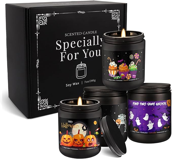 Halloween Scented Candles Set 4 Pack 7oz Each Soy Wax Candles with