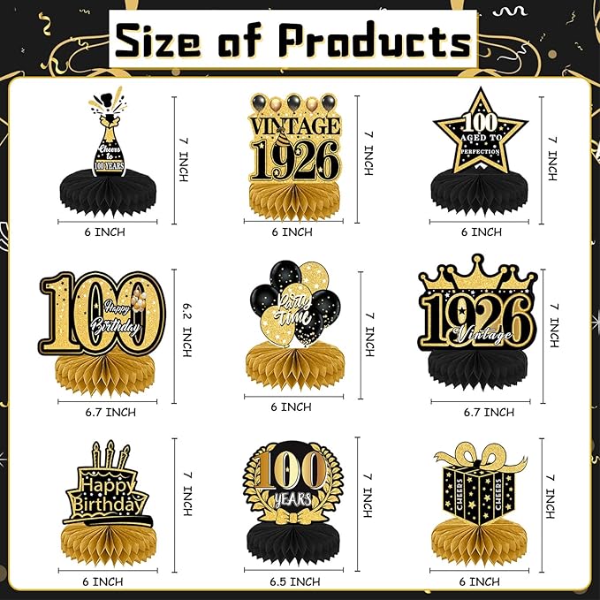 100th Birthday Party Decorations, 9PCS Black Gold 100th Vintage