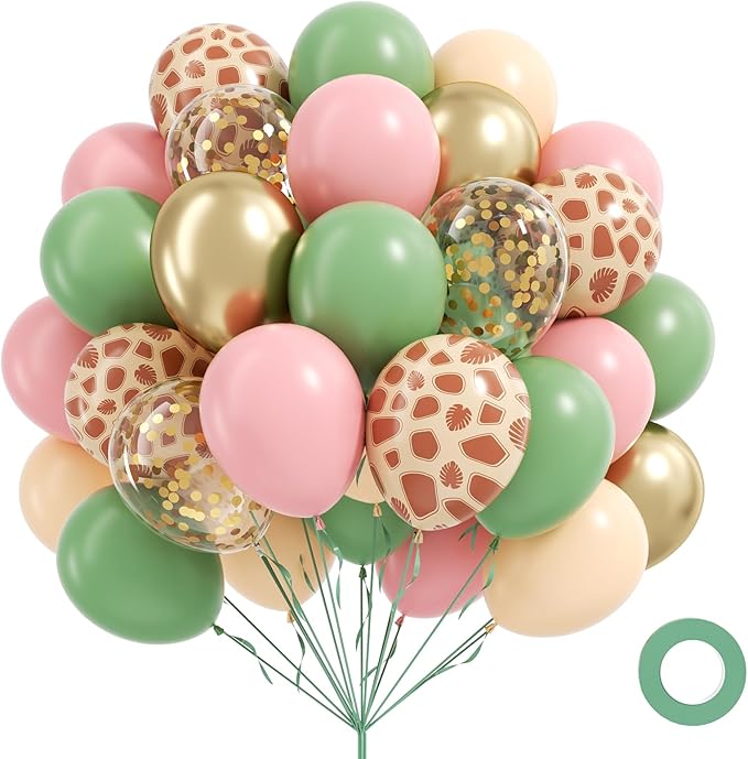 60pcs Safari Balloons 12inch, Sage Green Pink Nude Metallic Gold