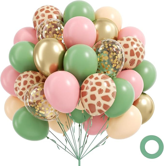 60pcs Safari Balloons 12inch, Sage Green Pink Nude Metallic Gold