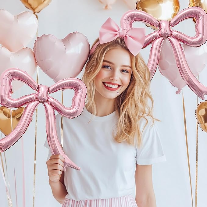 4pcs Pink Bow Foil Balloons Set Bow Mylar Balloons for Coquette