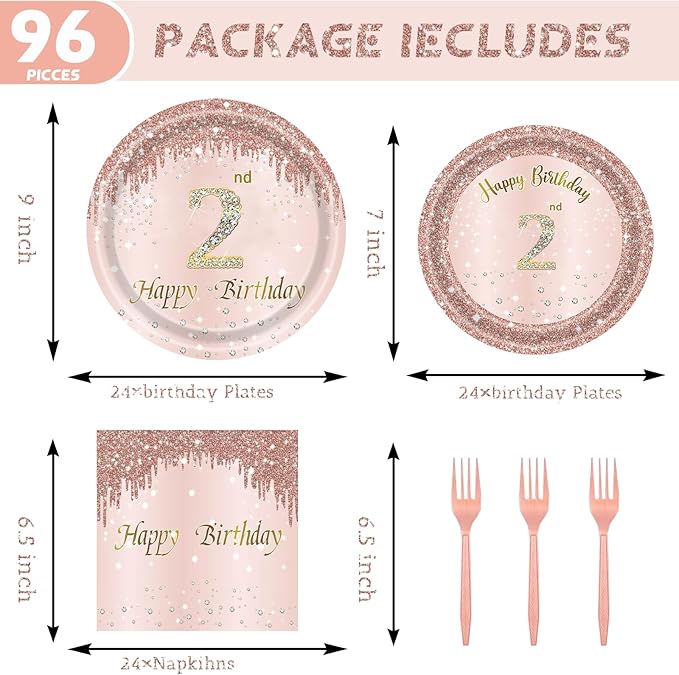 24 Sets 2nd Rose Gold Birthday Party Decrations for Girls 2 Birthday
