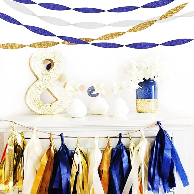 Navy-Blue White-Gold Crepe Paper Streamers - 9 Rolls Royal Blue