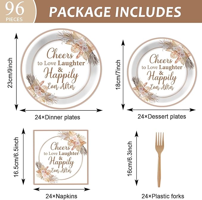 96Pcs Boho Bridal Shower Party Plates and Napkins for Bride Wedding