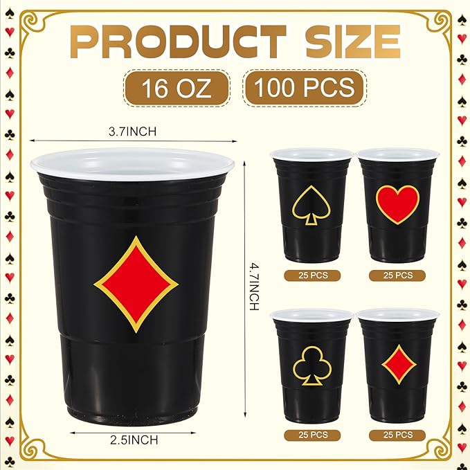 100 Pack Casino Party Cups 16 oz Poker Theme Disposable Plastic Cups