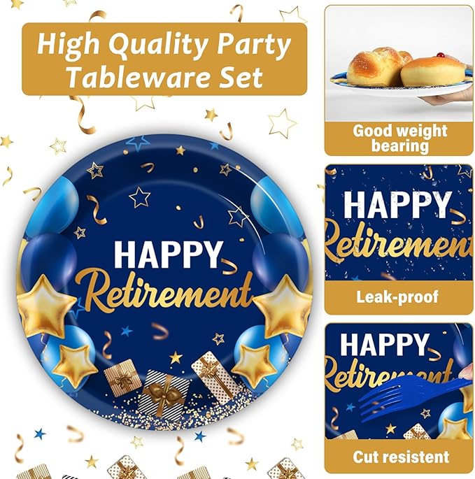 96 Pcs Retirement Party Supplies Paper Plates Napkins Blue Gold