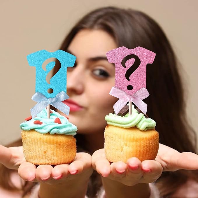24 Pack Gender Reveal Cupcake Toppers Glitter Onesie Question Mark