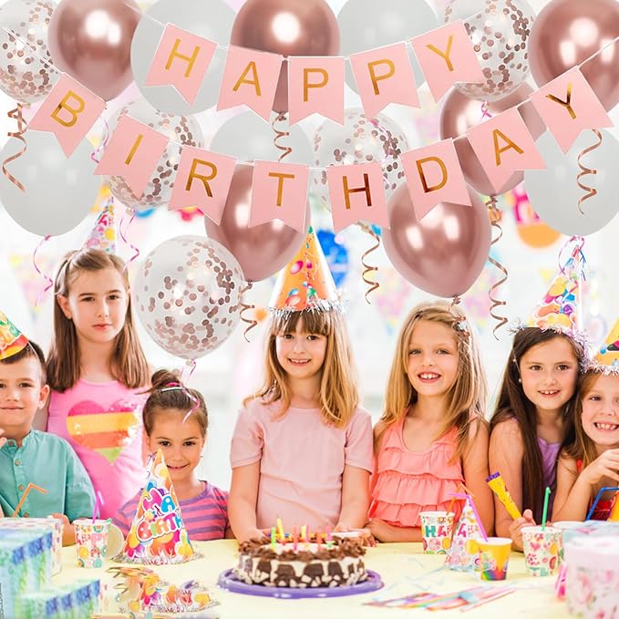 Happy Birthday Banner, Rose Gold Birthday Decoration, 16 pcs 12 inch