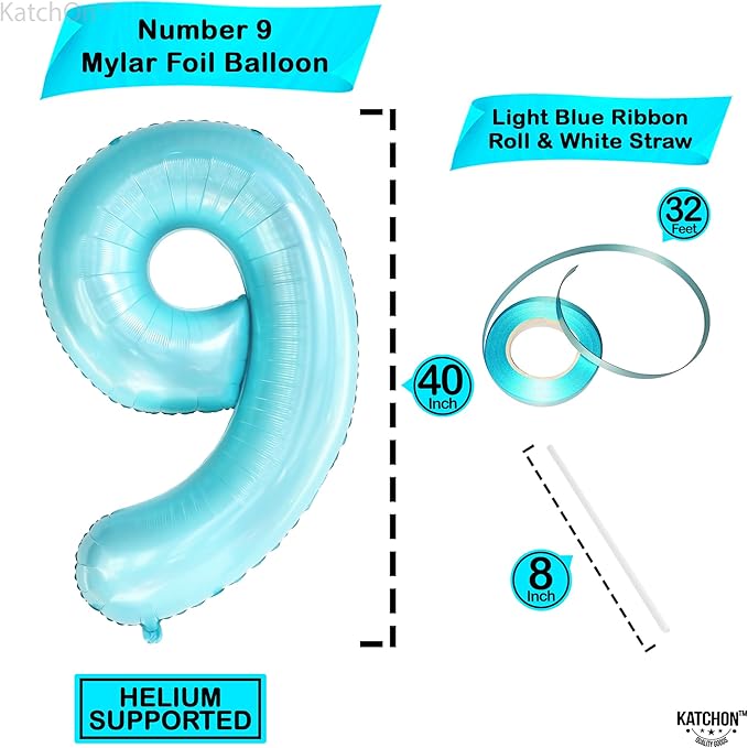 KatchOn, Giant Light Blue Number 9 Balloon - 40 Inch | Foil 9