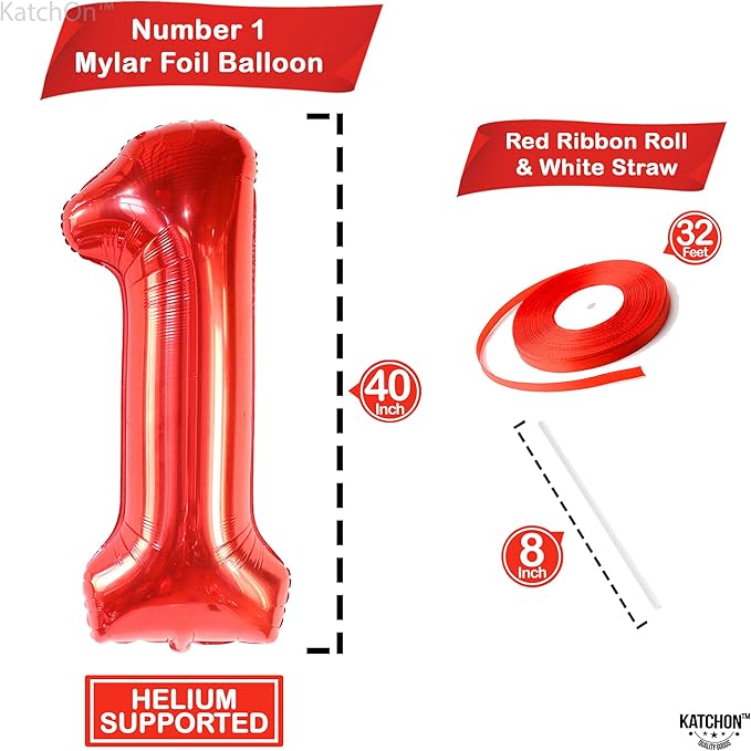 KatchOn, Red Number 1 Balloons - 40 Inch | Foil Balloon For 1 Happy
