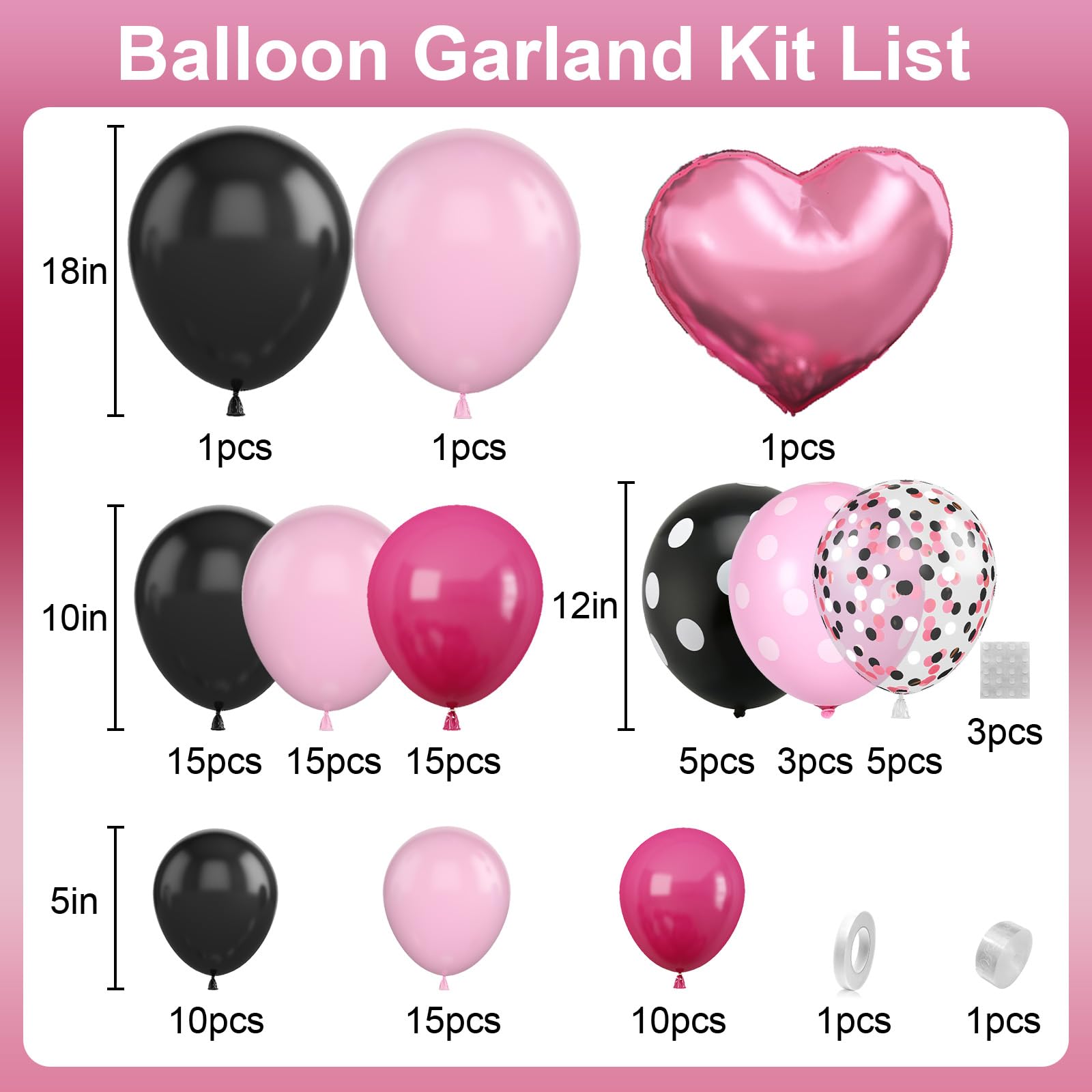 Pink Black Balloon Arch Kit, Pastel Hot Pink Black Dot Balloons