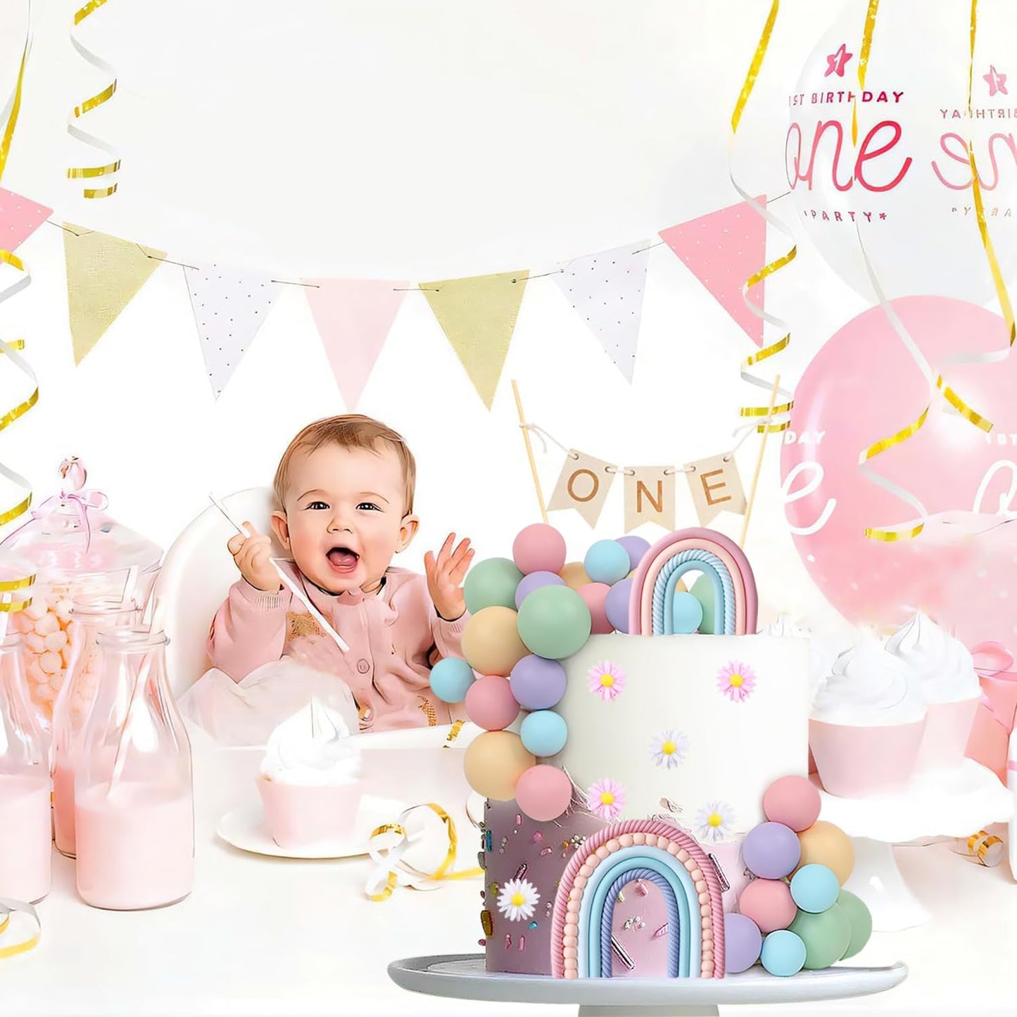 64 PCS Rainbow Cake Toppers with Balls Flowers Boho Cake Topper for