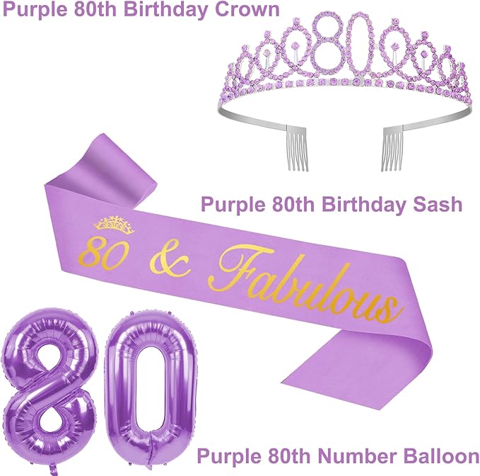 80th Birthday Decorations for Women Purple with 80th Birthday Sash