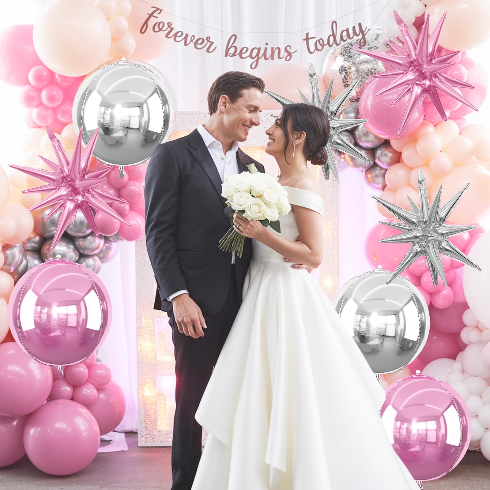 6Pcs Pink Silver Foil Balloons,22Inch Light Pink Silver 4D Round Ball