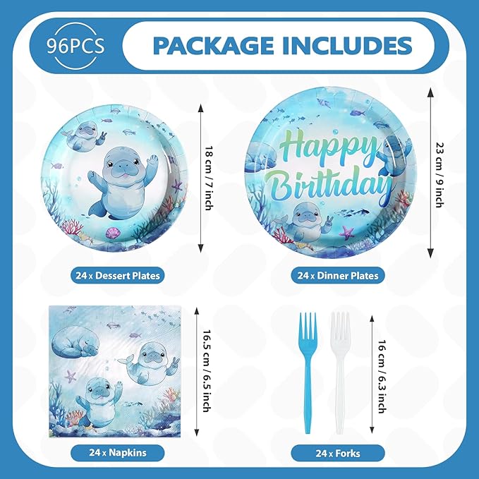 96Pcs Manatee Birthday Decorations Blue Under the Sea Plates and