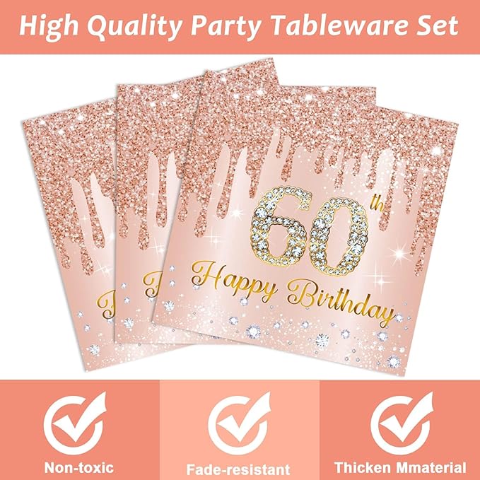 96 Pieces 60th Birthday Party Tableware Set for Pink Rose Gold 60th