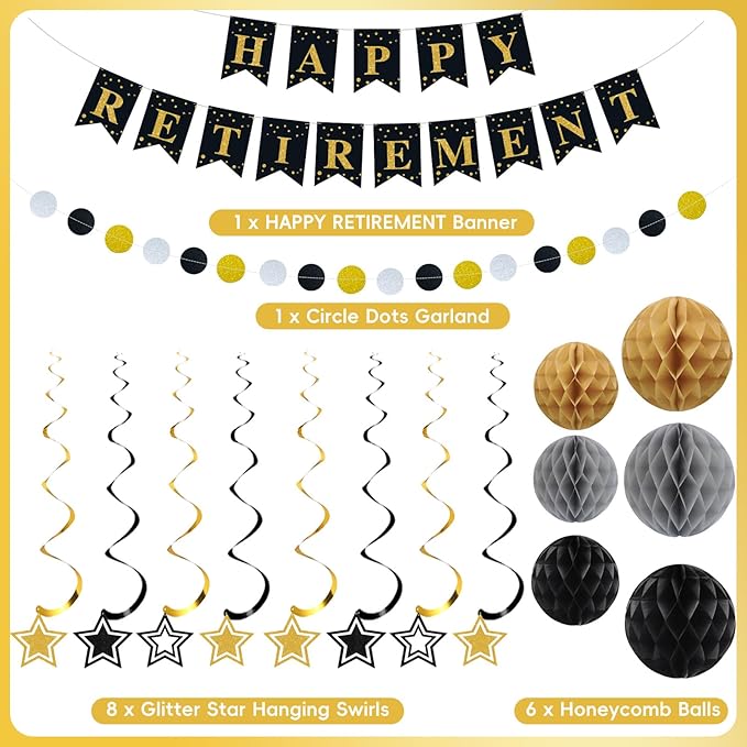 Happy Retirement Party Decorations for Men Women Black Gold Happy