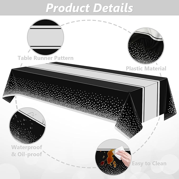 Black and Silver Tablecloth Party Decorations 12 Pack, Disposable