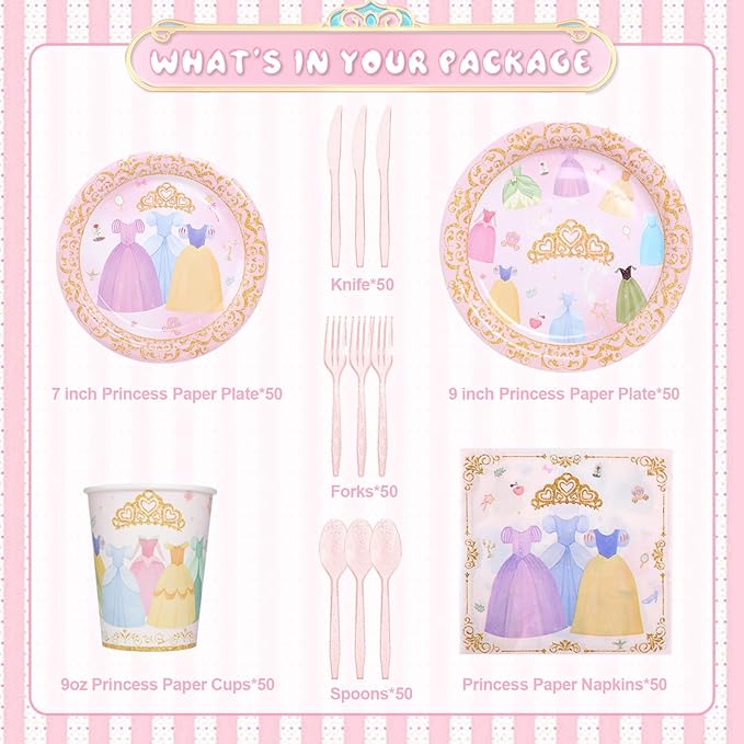 175Pcs Princess Paper Plates Napkins Princess Themed Birthday Party