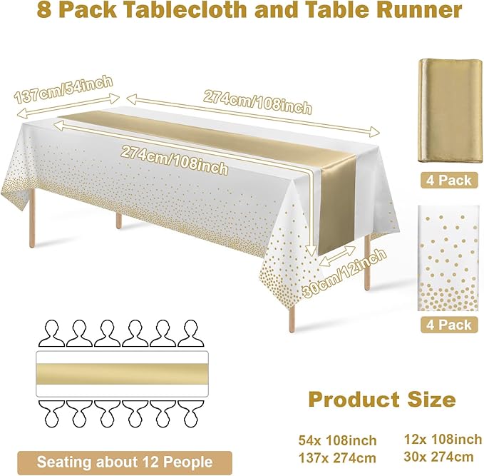 8Pack Disposable Plastic Tablecloths and Satin Table Runner Set White