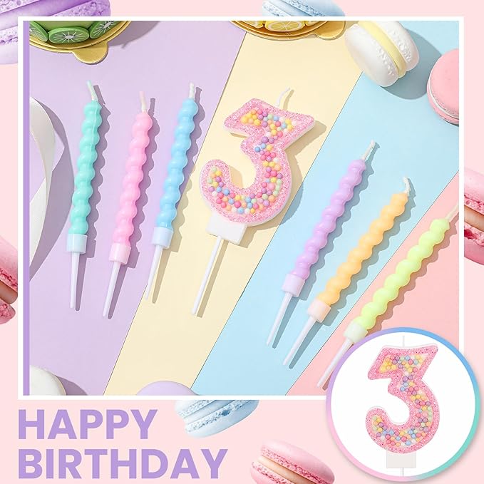 MTLEE Number 3 Birthday Candle with 12 Pcs Spiral Candles for Girls