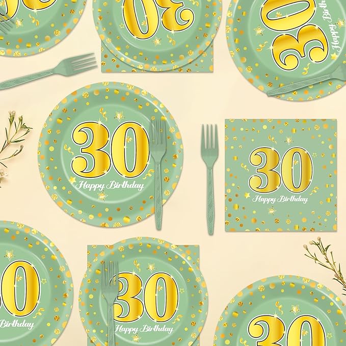 96Pcs Green Gold 30th Birthday Party Plates and Napkins for Women