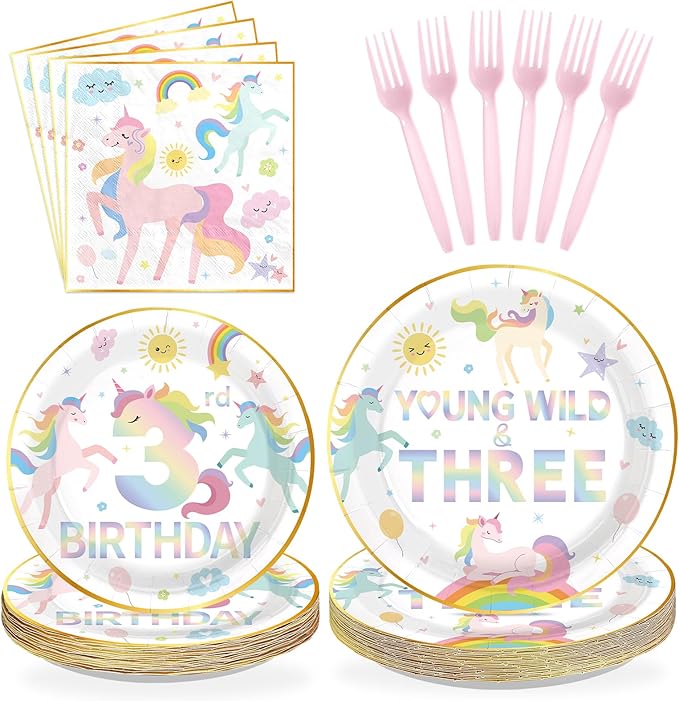 96 Pcs Magical Pastel Unicorn 3rd Birthday Party Supplies Young Wild