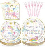 96 Pcs Magical Pastel Unicorn 3rd Birthday Party Supplies Young Wild