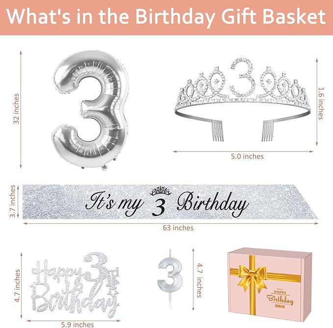 3rd Birthday Decorations for Girls Silver with 3rd Birthday Sash and
