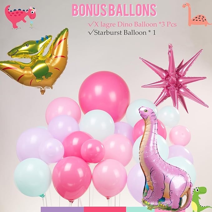 Pink Dino Balloon garland arch kit with Pastel Pink Purple Teal and
