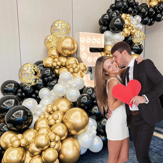 155Pcs Black and Gold Balloon Garland Arch Kit with Gold Confetti