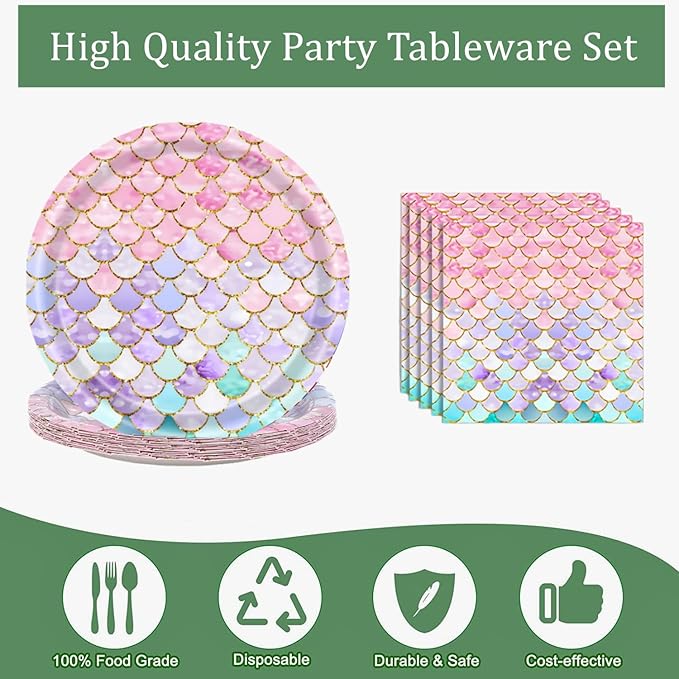 40 Pcs Mermaid Birthday Party Decorations Plates Set for 20 Guests