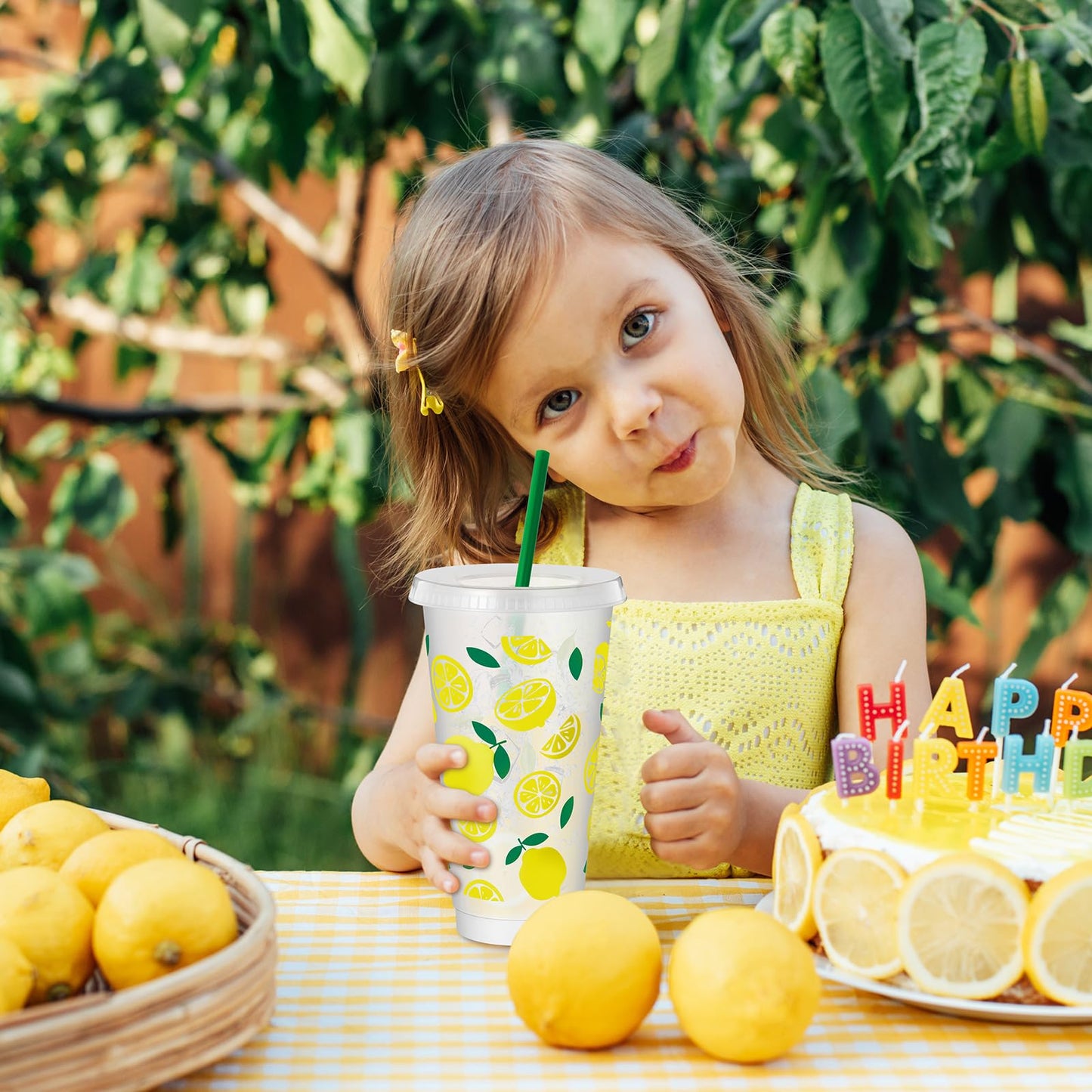 SiliFine 12 Pcs Plastic Lemon Cups, 24oz Reusable Tumbler with Lid and