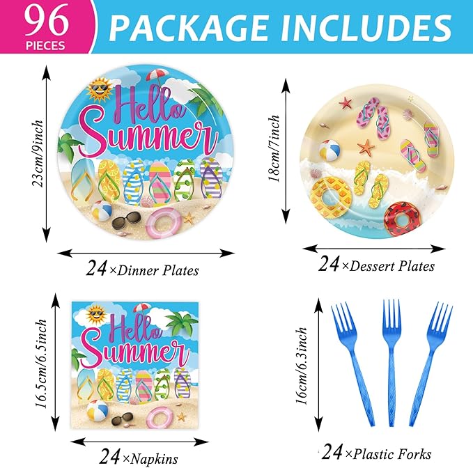 96Pcs Hello Summer Plates and Napkins Beach Party Decorations