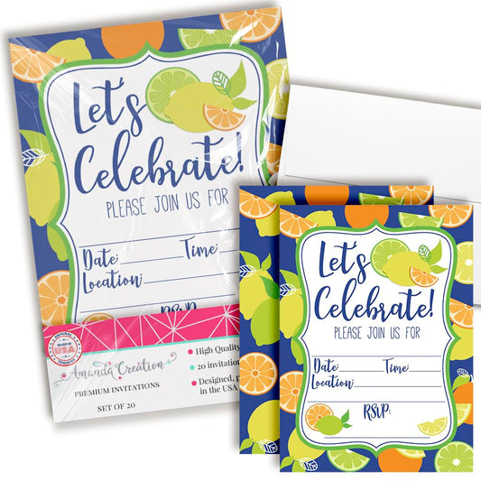 Amanda Creation Citrus Themed Summer Party Invitations, 20 5x7 Fill-In