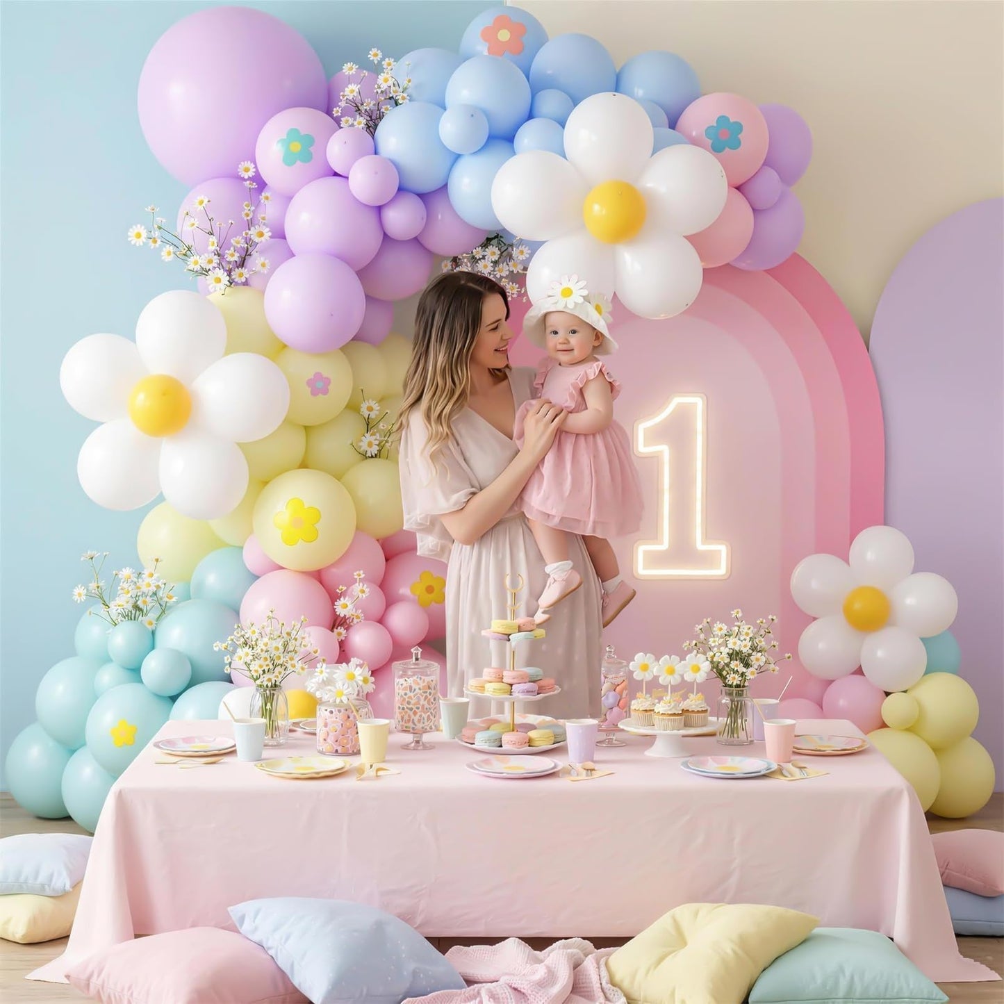 Daisy Balloon Garland Arch Kit,Pink Purple Yellow Blue Pastel Rainbow