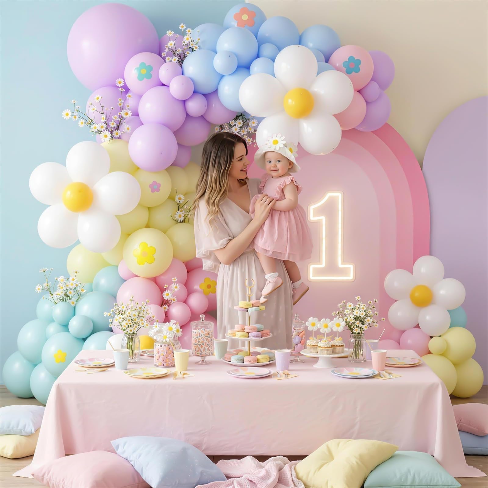 Daisy Balloon Garland Arch Kit,Pink Purple Yellow Blue Pastel Rainbow