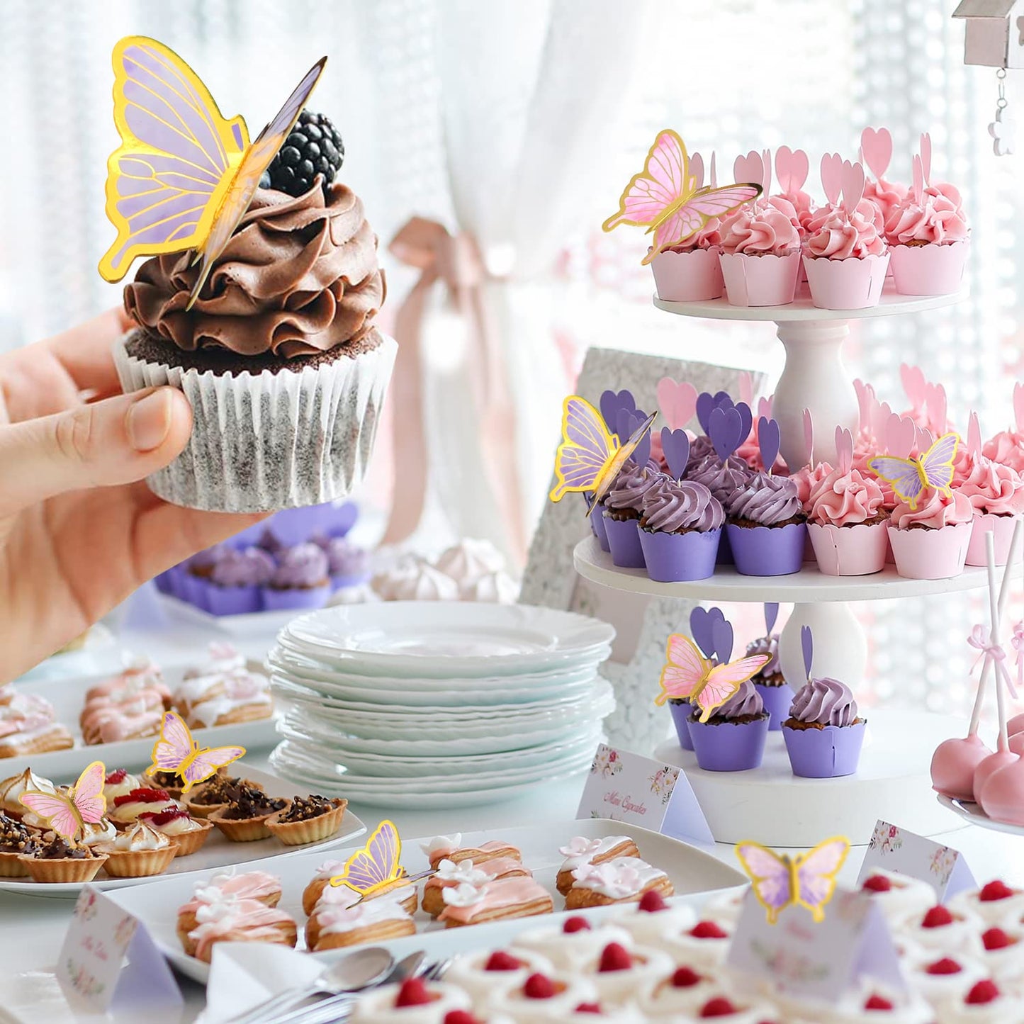 LANGPA 22-Pieces Butterfly Cake Decorations With Happy Birthday Purple